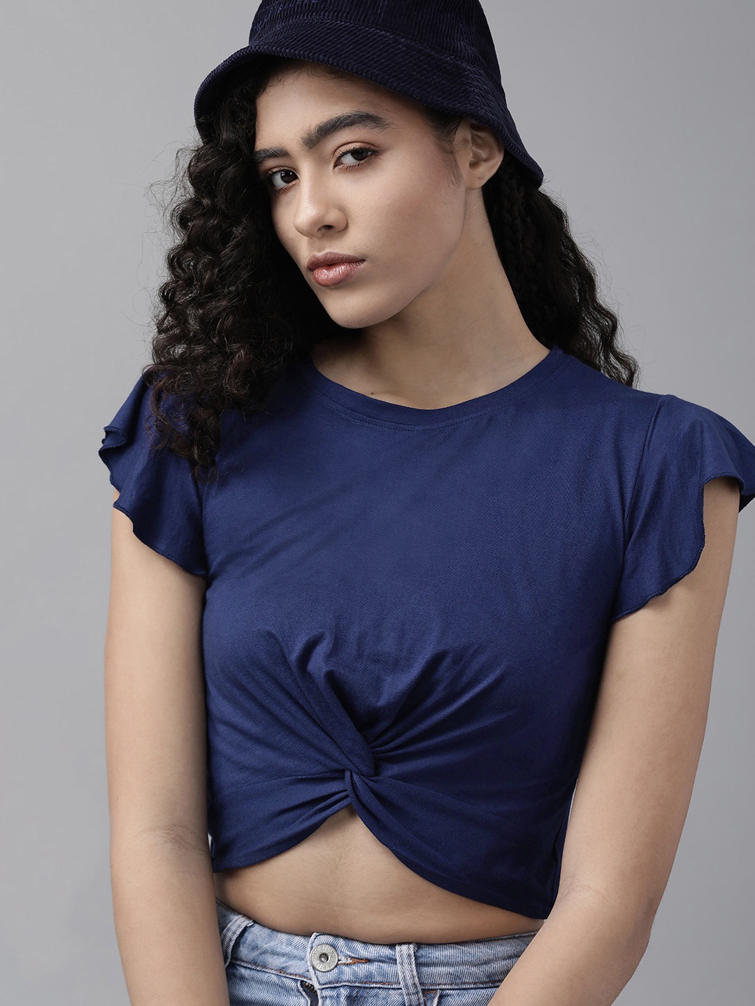 

Roadster Women Navy Blue Twisted Crop Top
