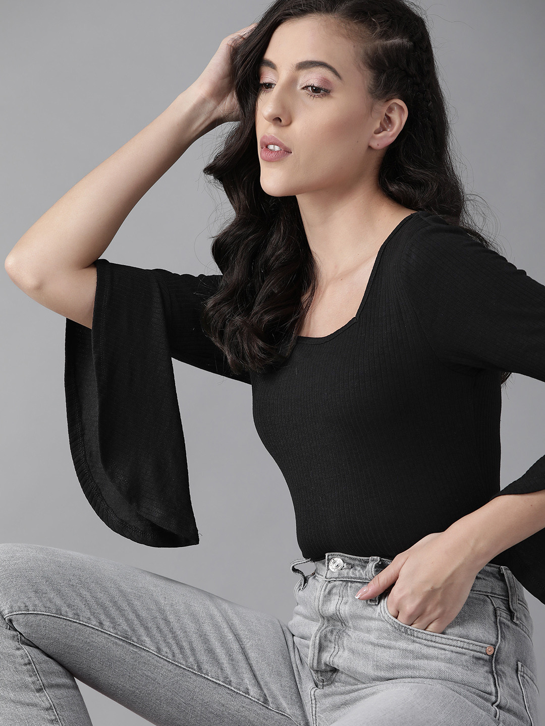 

Roadster Women Black Solid Fitted Top