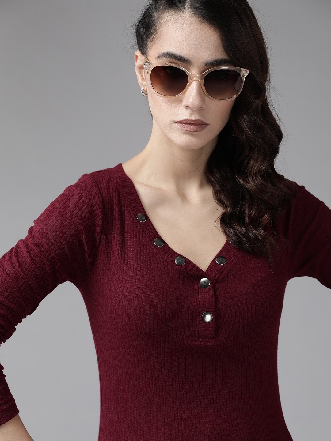 

Roadster Maroon Ribbed Henley Inspired V-Neck Top