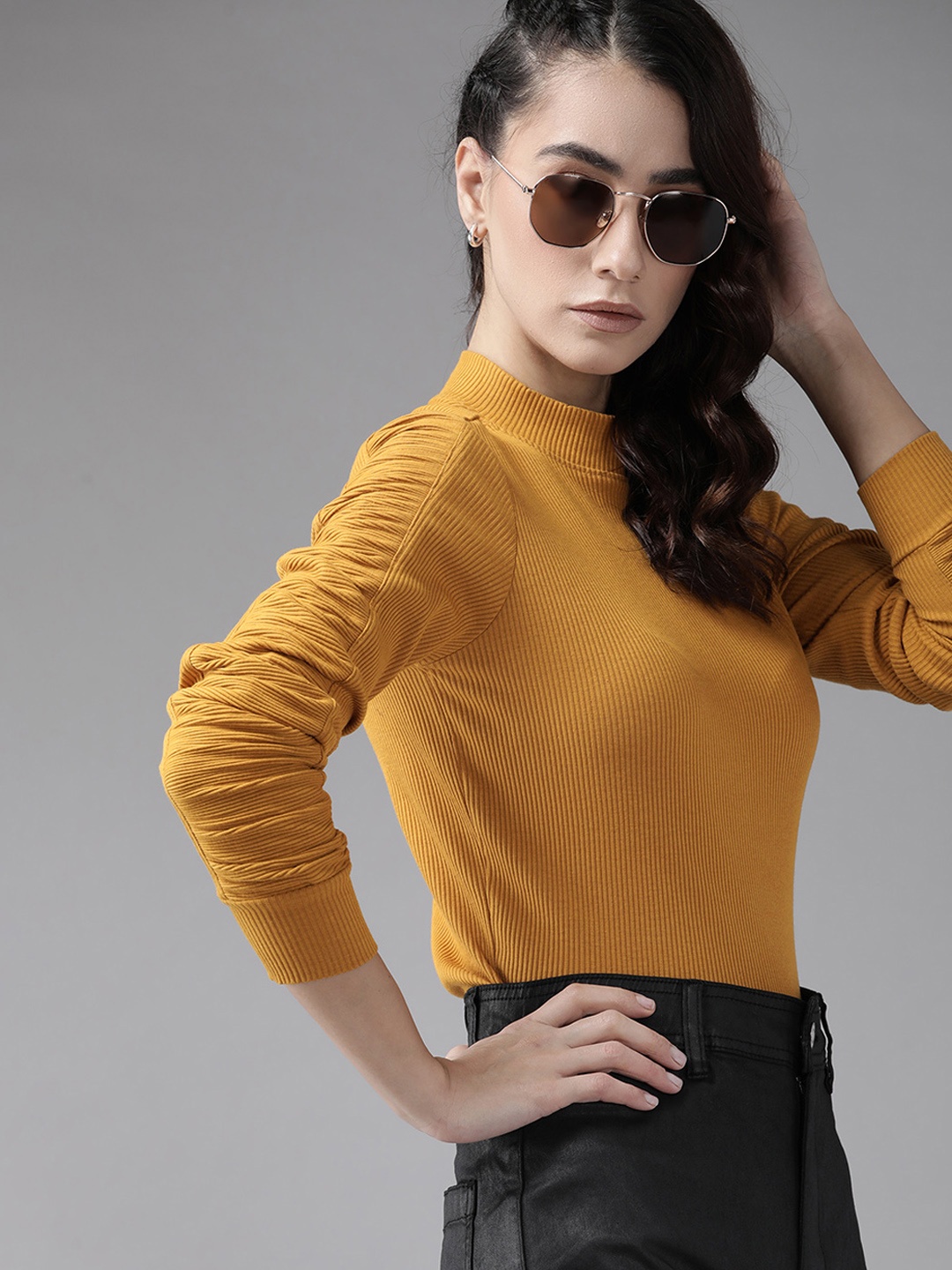 

Roadster Mustard Yellow Solid Ribbed Ruched Top