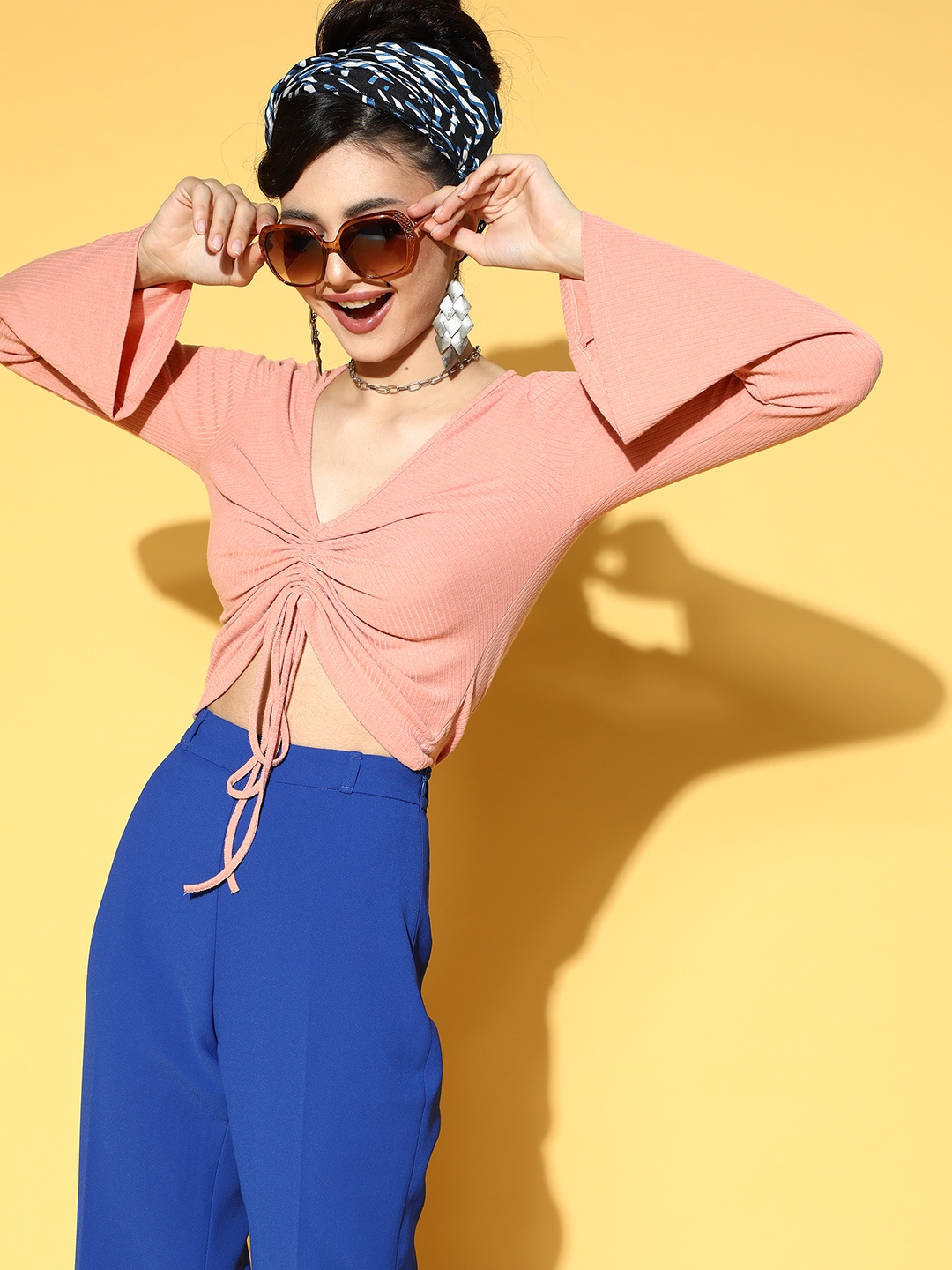 

Roadster Peach-Coloured Solid Crop Top with Ruched Details