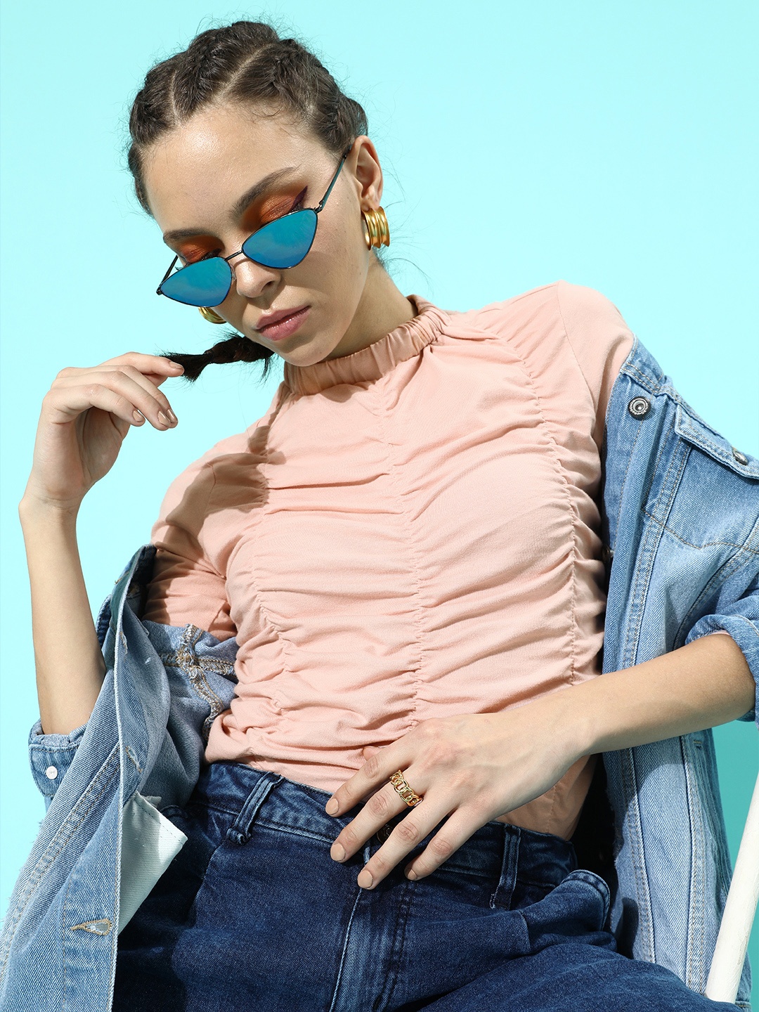 

Roadster Peach-Coloured Solid Front Ruched Top with Mock Neck