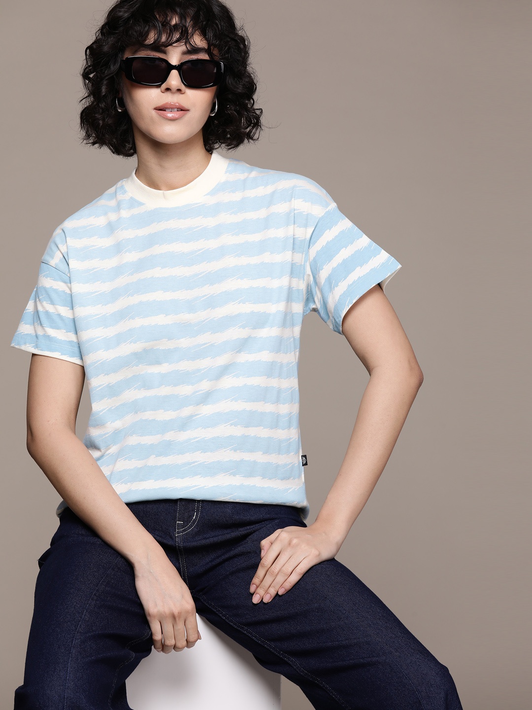 

The Roadster Lifestyle Co. Striped Pure Cotton Boxy Top, Blue