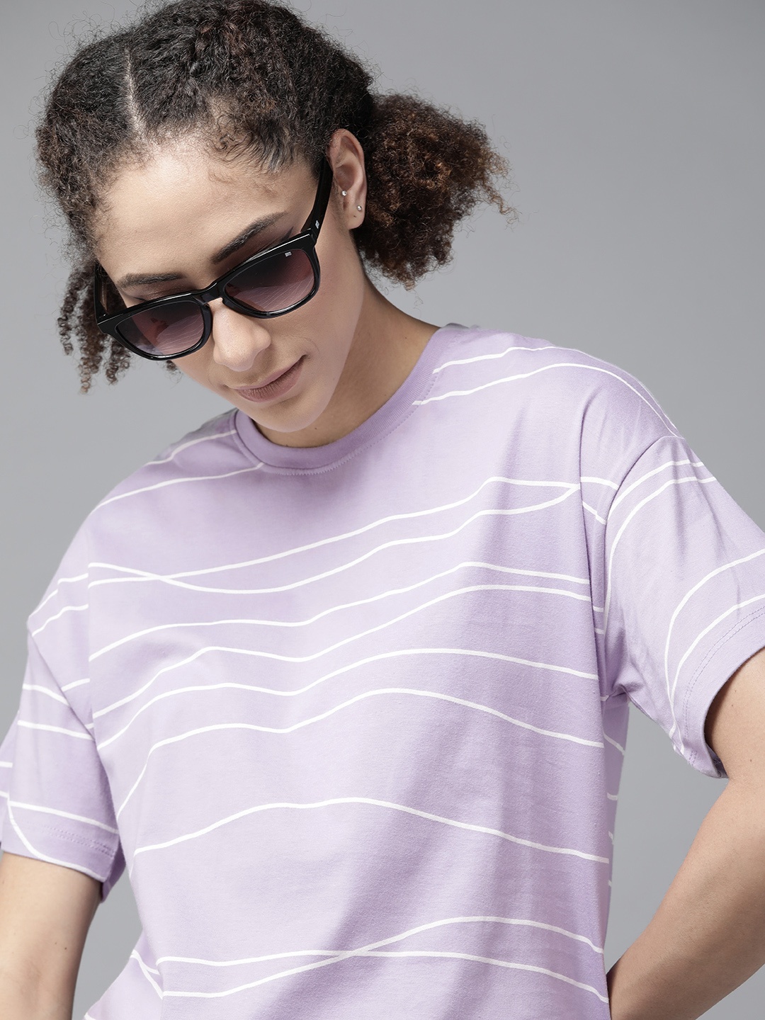 

Roadster Women Lavender & White Pure Cotton Striped Top