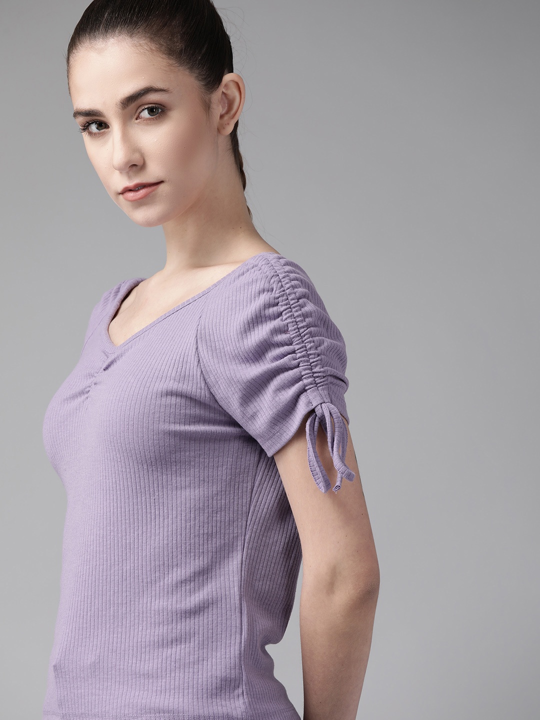 

Roadster Lavender Ribbed Ruched Sweetheart Neck Top