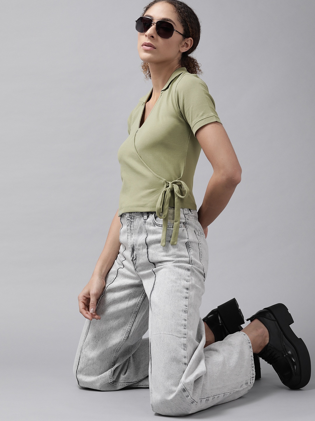 

Roadster Olive Green Solid Cropped Wrap Top