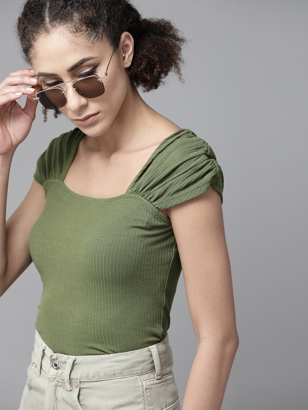 

Roadster Olive Green Ribbed Gathered Fitted Top