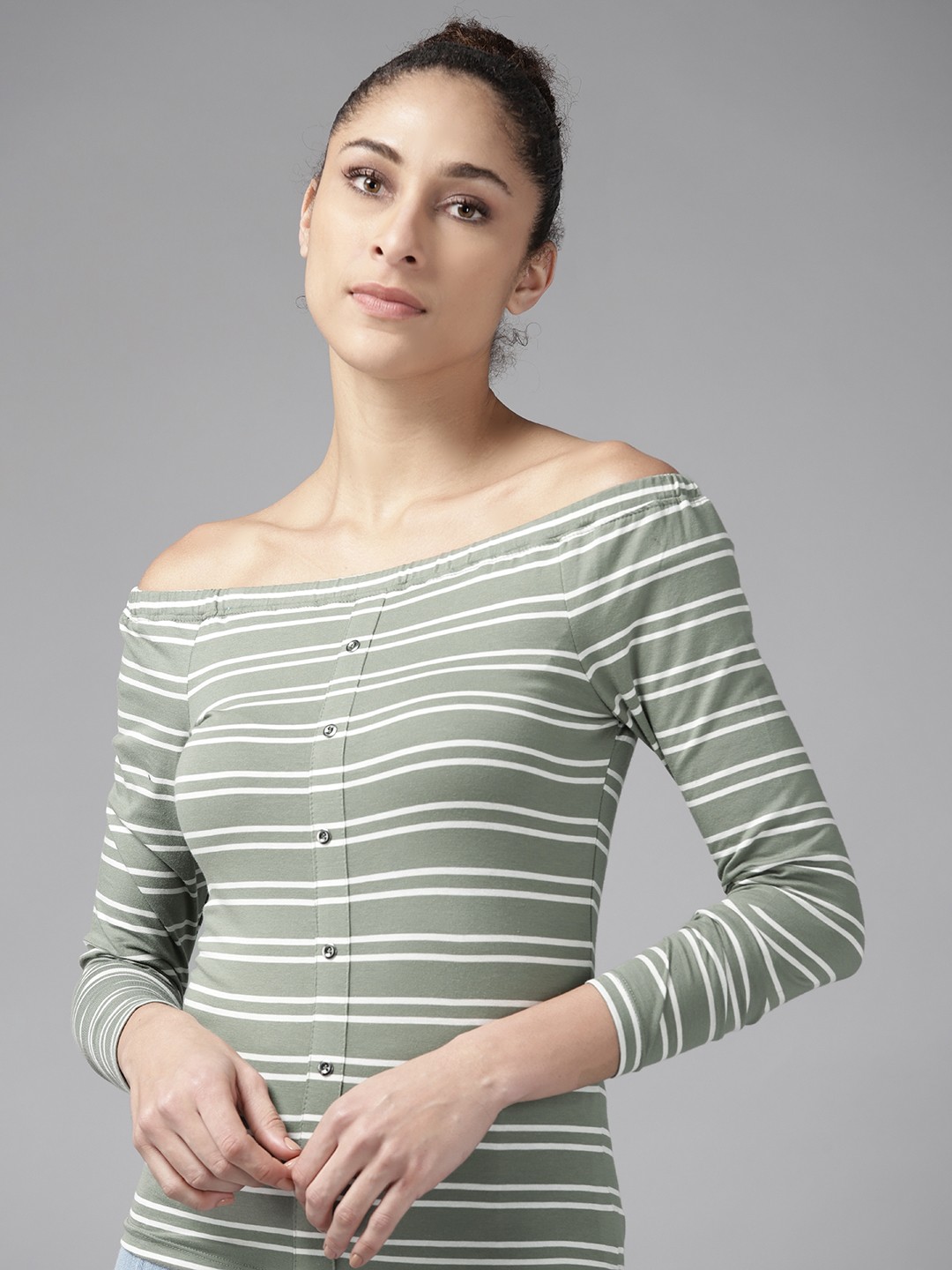 

Roadster Green & White Striped Off-Shoulder Bardot Top
