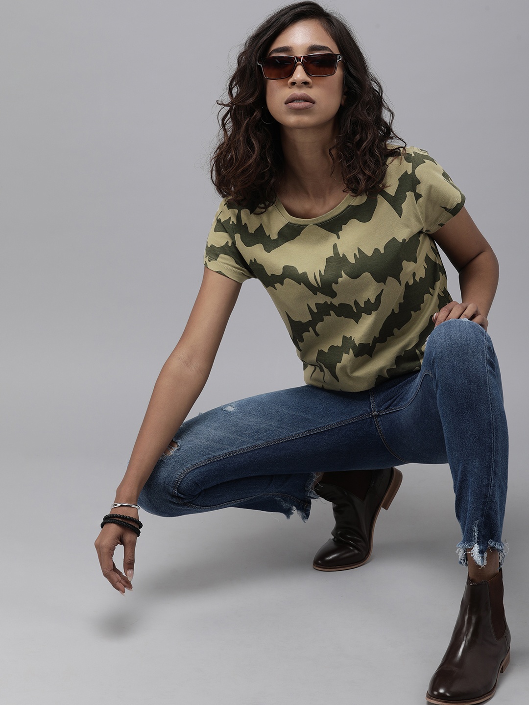 

Roadster Women Olive Green Printed Pure Cotton Regular Top