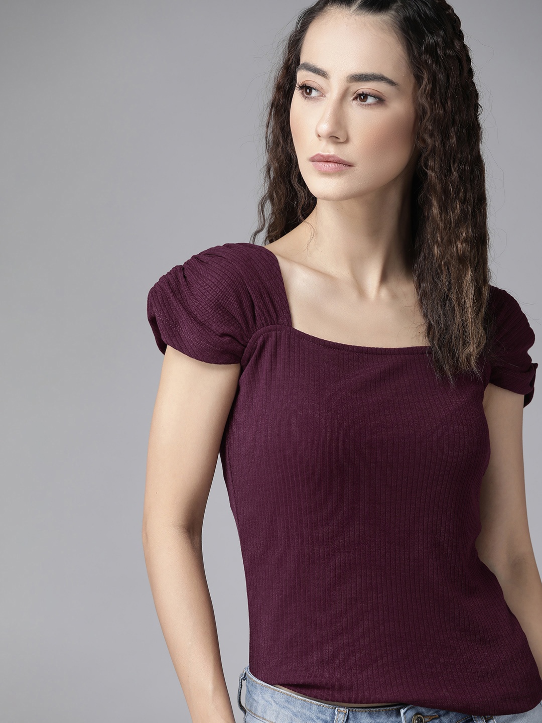 

Roadster Burgundy Striped Gathered Fitted Top
