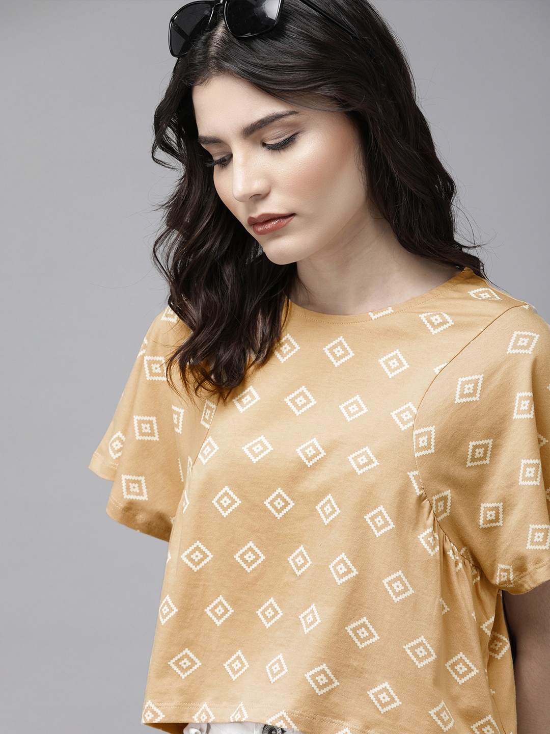 

Roadster Yellow Aztec Printed Boxy Crop Top