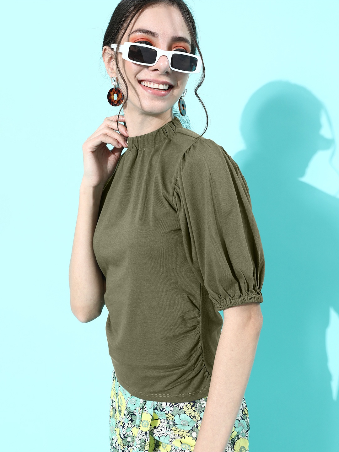 

Roadster Women Stunning Blue Solid Puff Sleeves Top, Olive