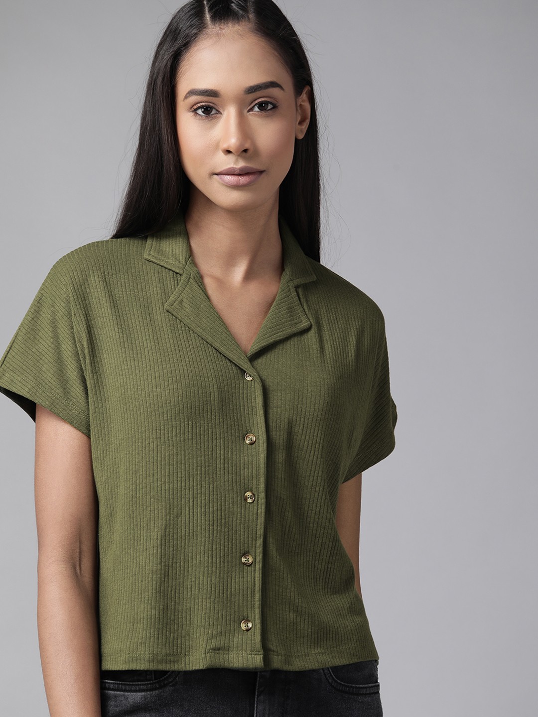 

Roadster Women Olive Green Solid Shirt Style Top