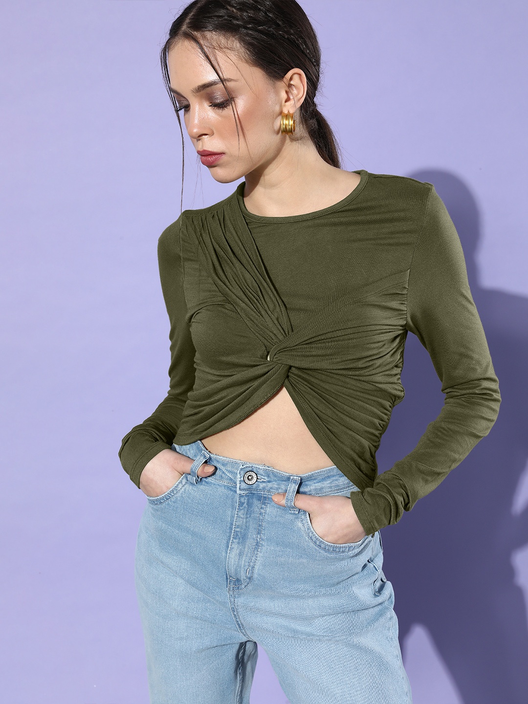 

Roadster Women Olive Green Solid Twisted Crop Top