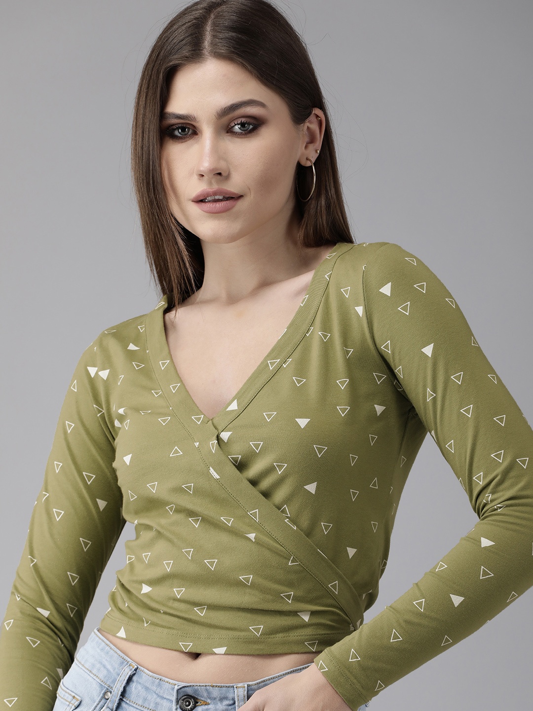 

Roadster Olive Green & White Geometric Print Wrap Crop Top