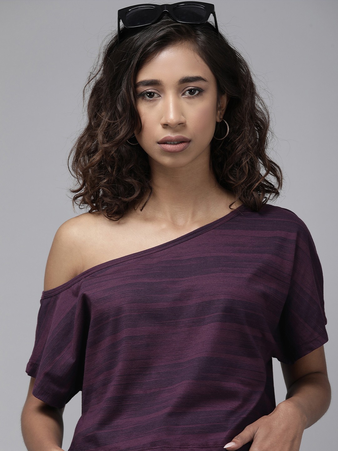 

Roadster Women Purple Striped One Shoulder Regular Top