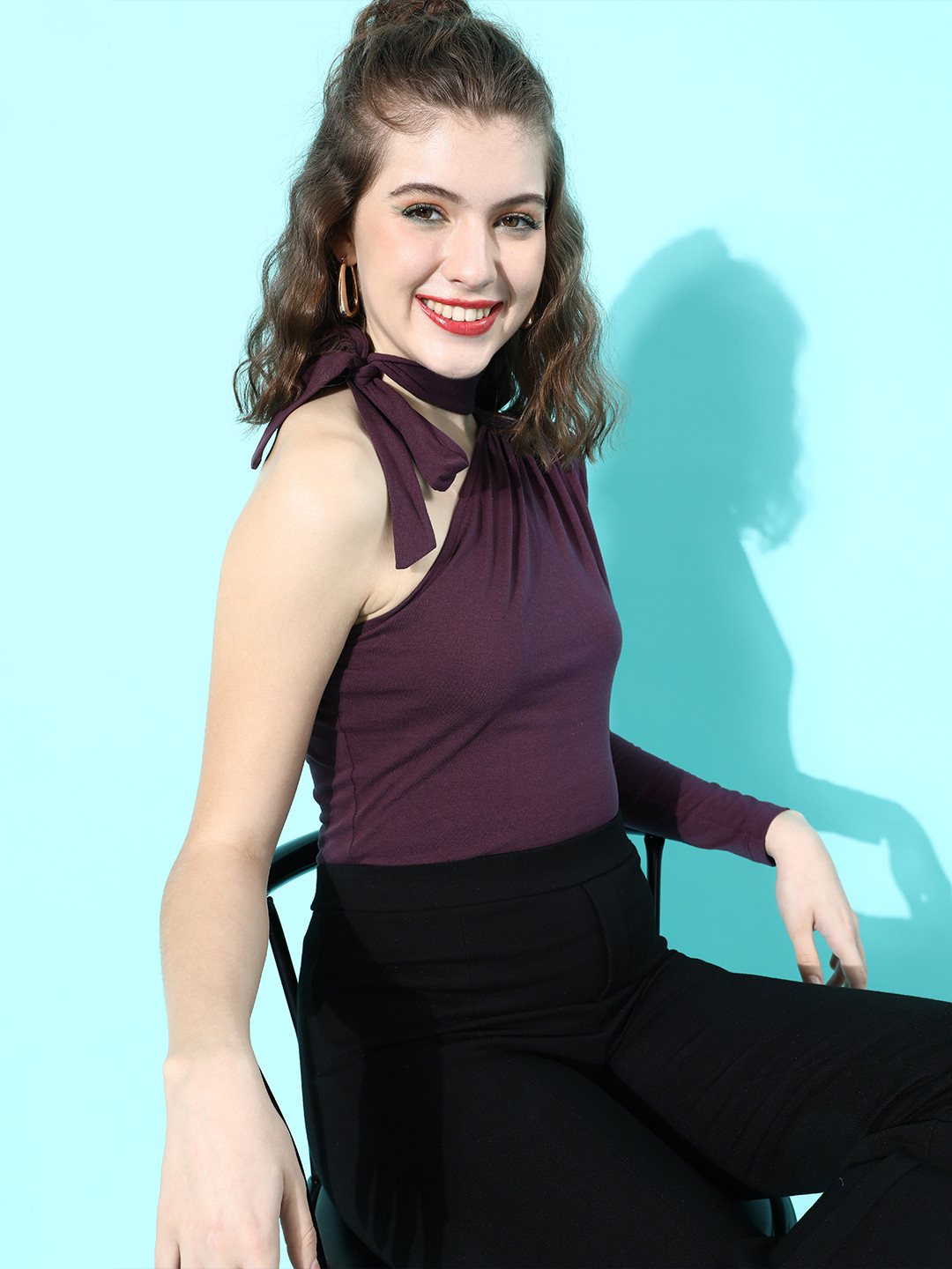 

Roadster Women Deep Burgundy Solid One-Shoulder Top