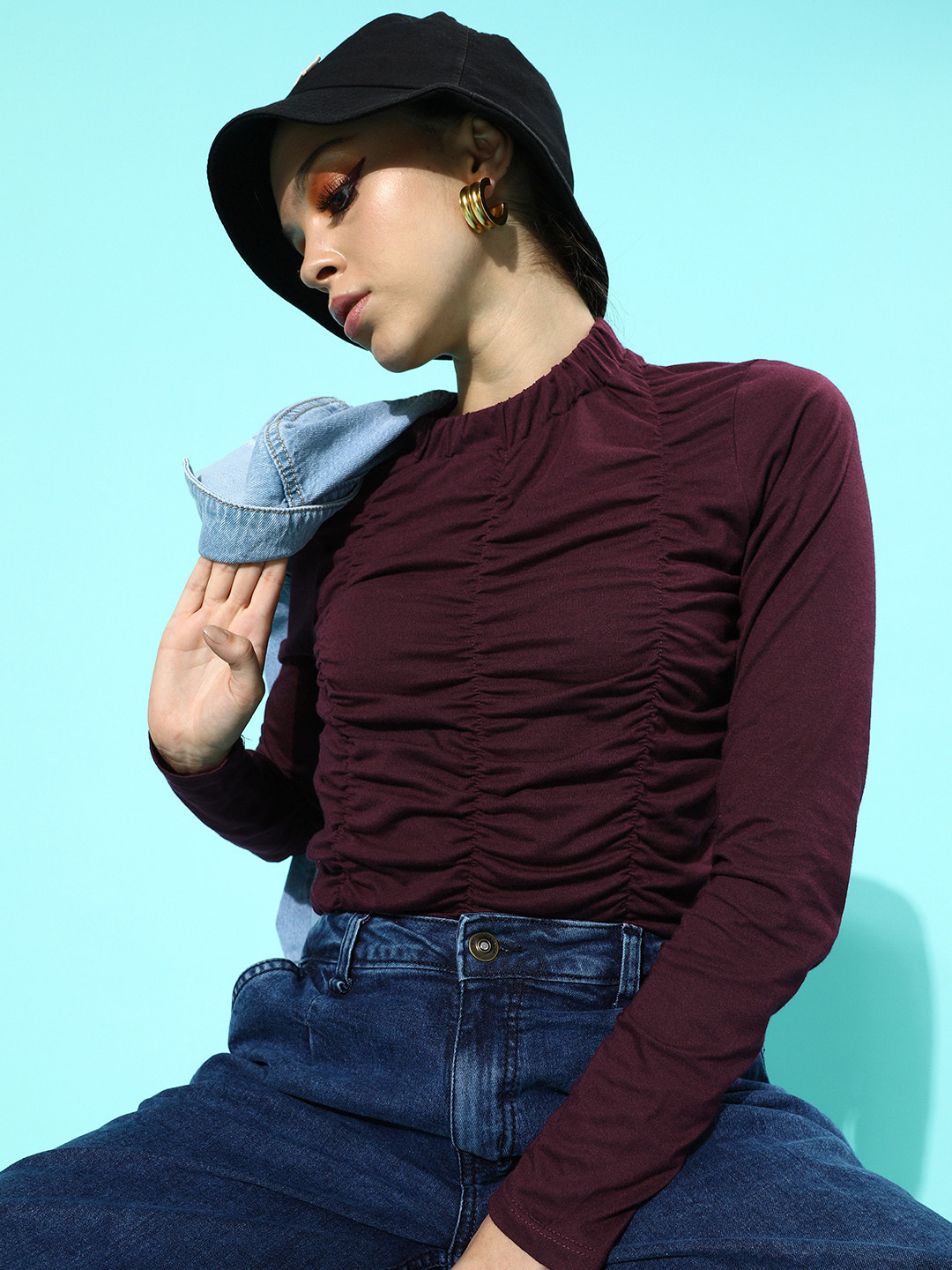 

Roadster Burgundy Solid Front Ruched Top with Mock Neck