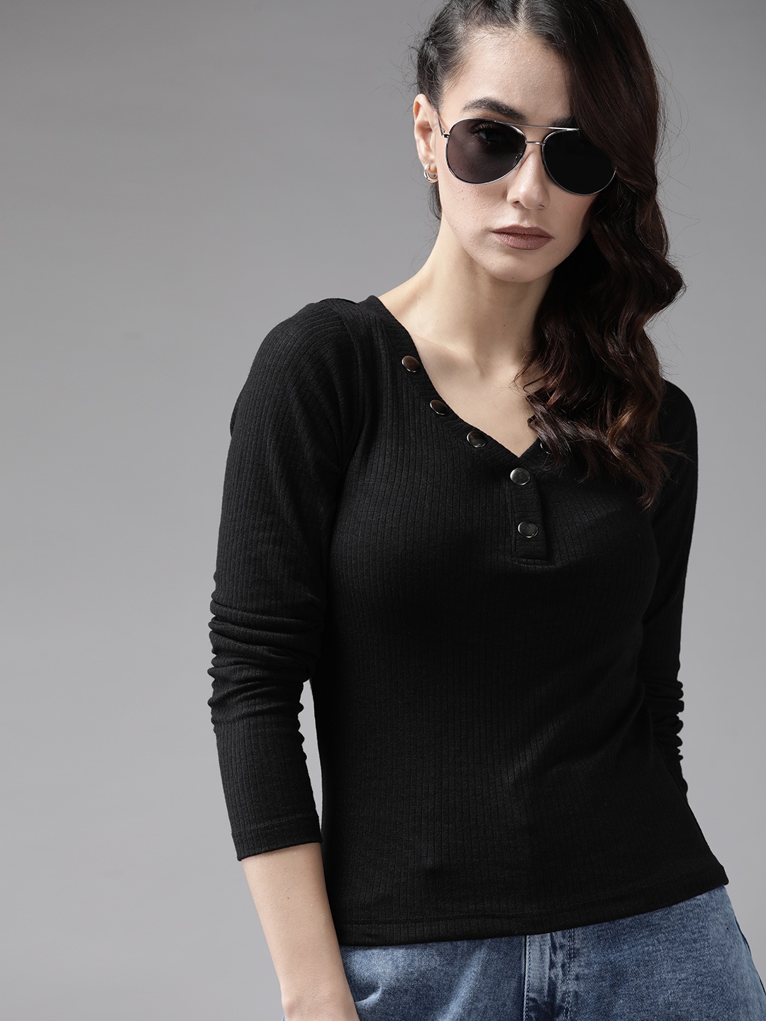 

Roadster Black Ribbed Henley Inspired V-Neck Top