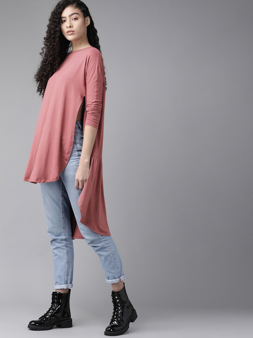 

Roadster Women Pink Solid High-Low Longline Top