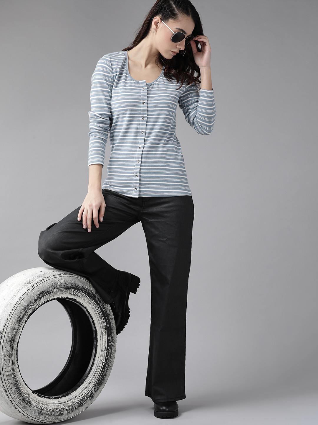 

Roadster Grey & White Striped Button Down Top