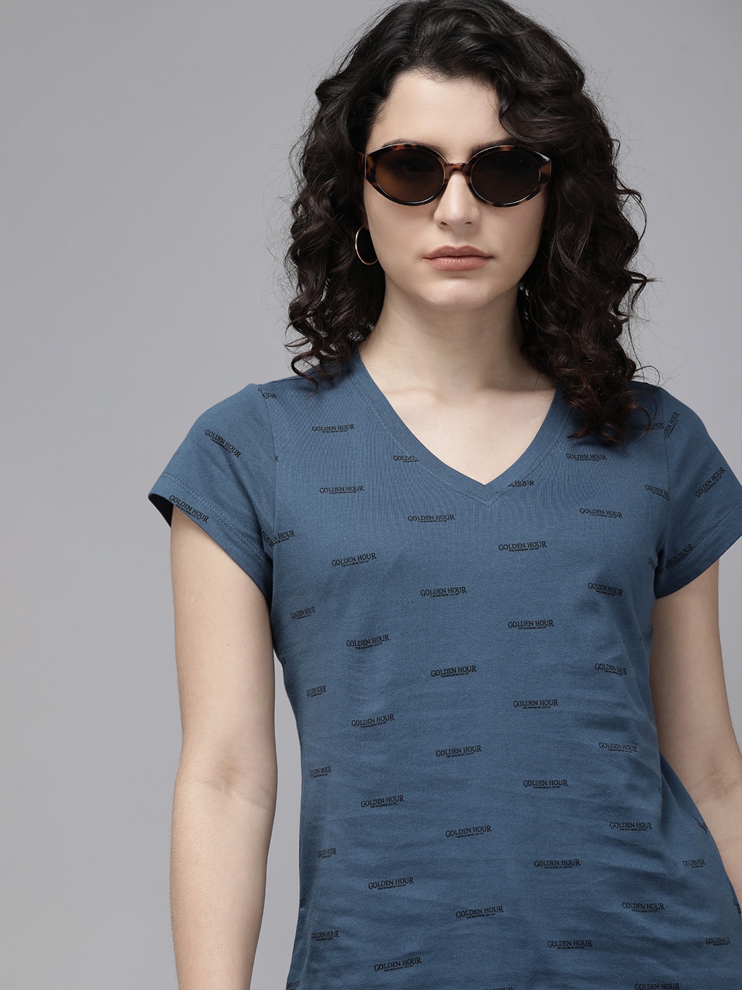 

Roadster Navy Blue Printed Pure Cotton Regular Top