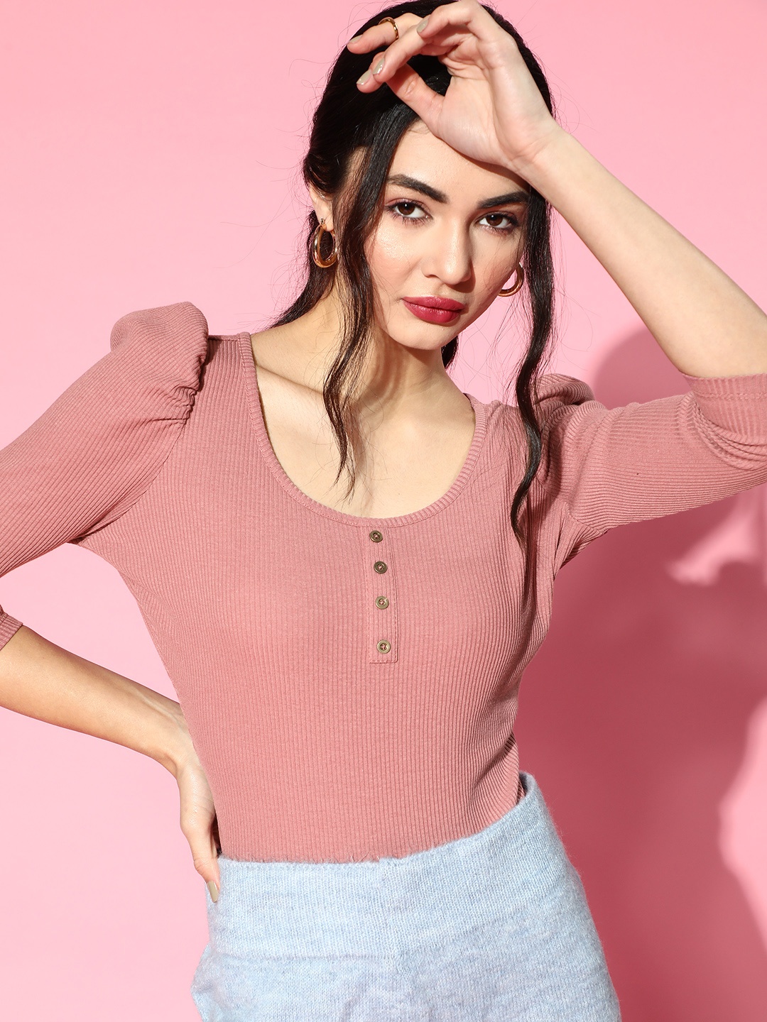 

Roadster Women Pretty Pink Solid Knitted Top with Leotards