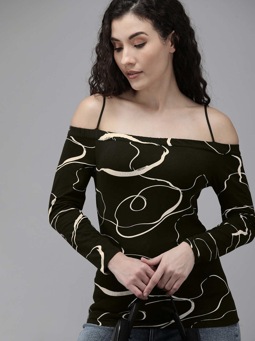 

Roadster Black & Beige Print Off-Shoulder Bardot Top