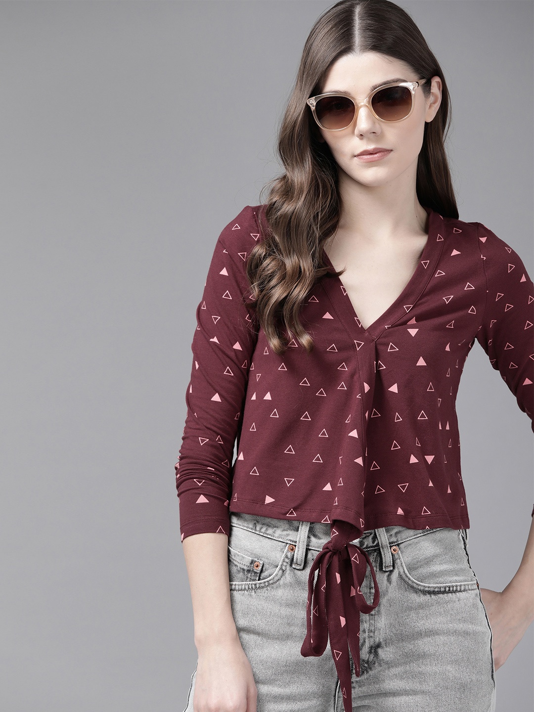 

Roadster Maroon & Pink Geometric Printed Wrap Top