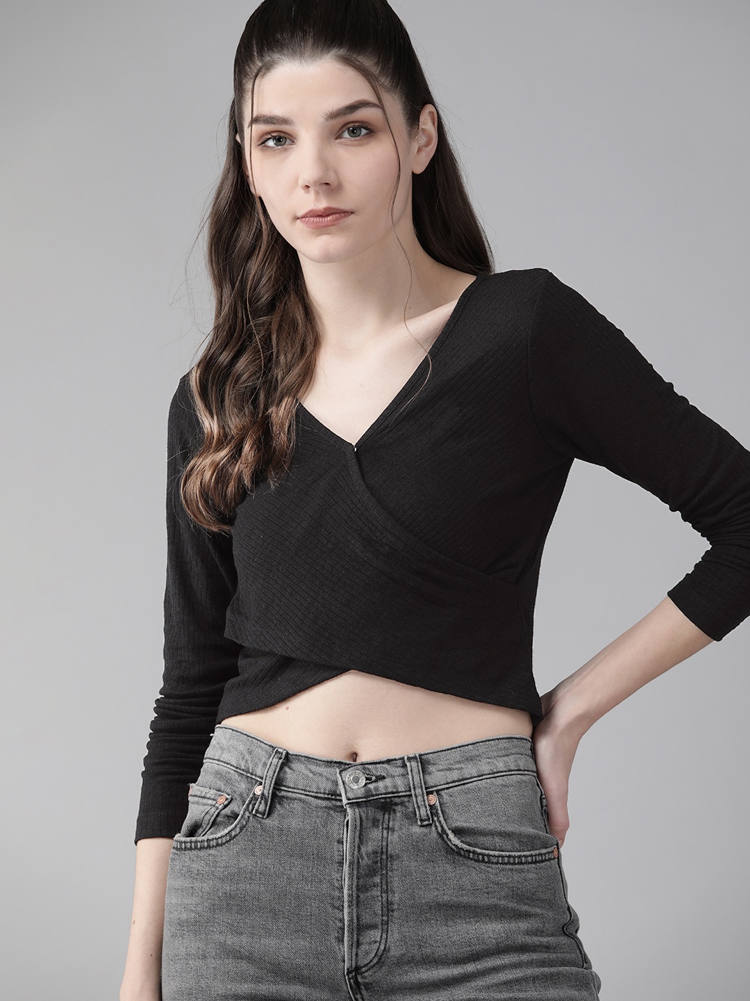 

Roadster Women Black Ribbed Wrap Crop Top