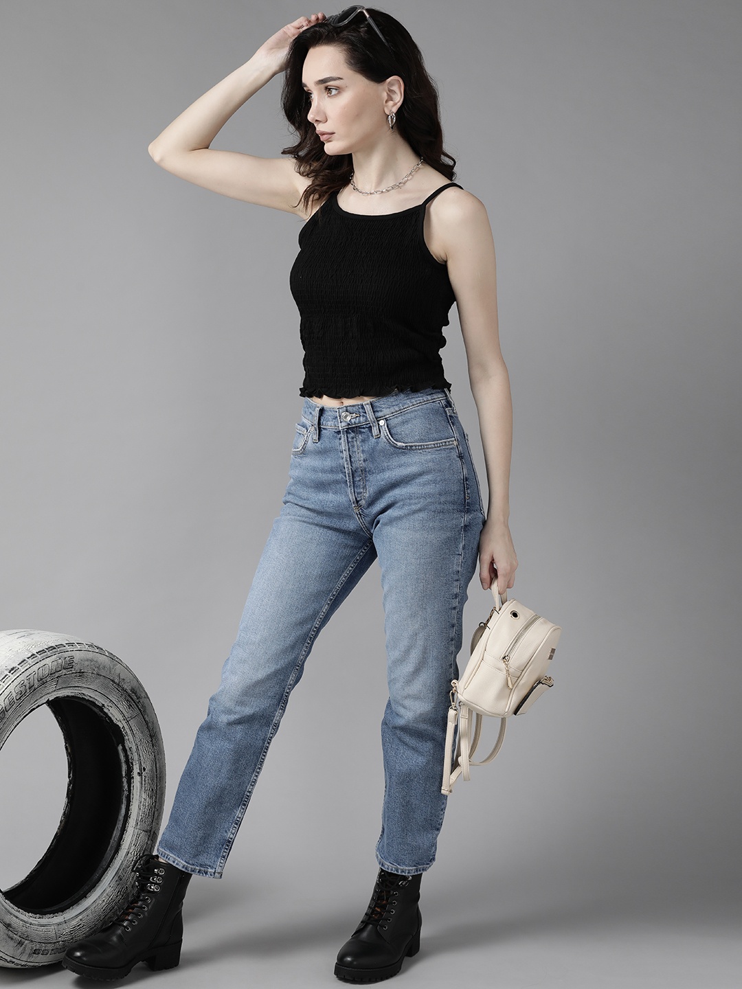 

Roadster Women Black Solid Smocked Crop Top