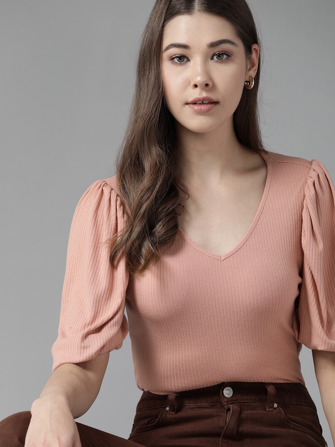 

Roadster Pink Ribbed Top with Puff Sleeves