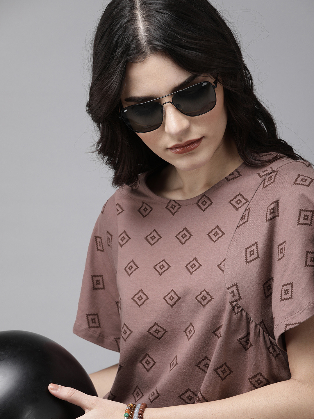 

Roadster Mauve Aztec Printed Boxy Crop Top