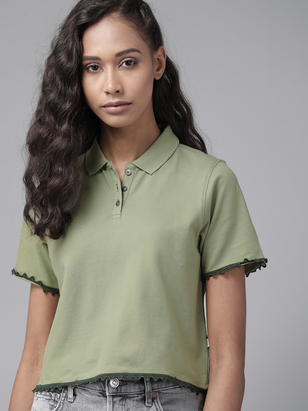 

Roadster Olive Green Lace Detail Crop Top