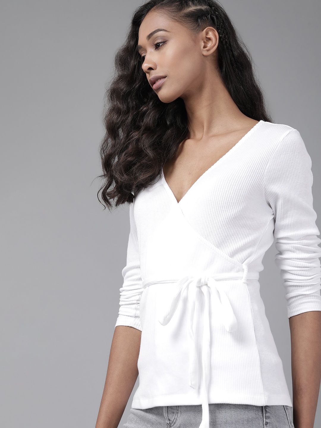 

Roadster Women White Self Stripe Wrap Top with Belt