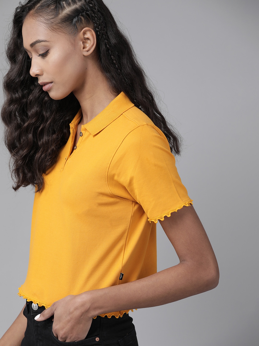 

Roadster Women Mustard Yellow Lace detail Crop Top