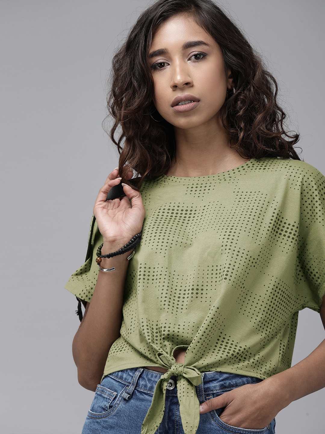 

Roadster Olive Green Printed Extended Sleeves Regular Crop Top with Front Knot