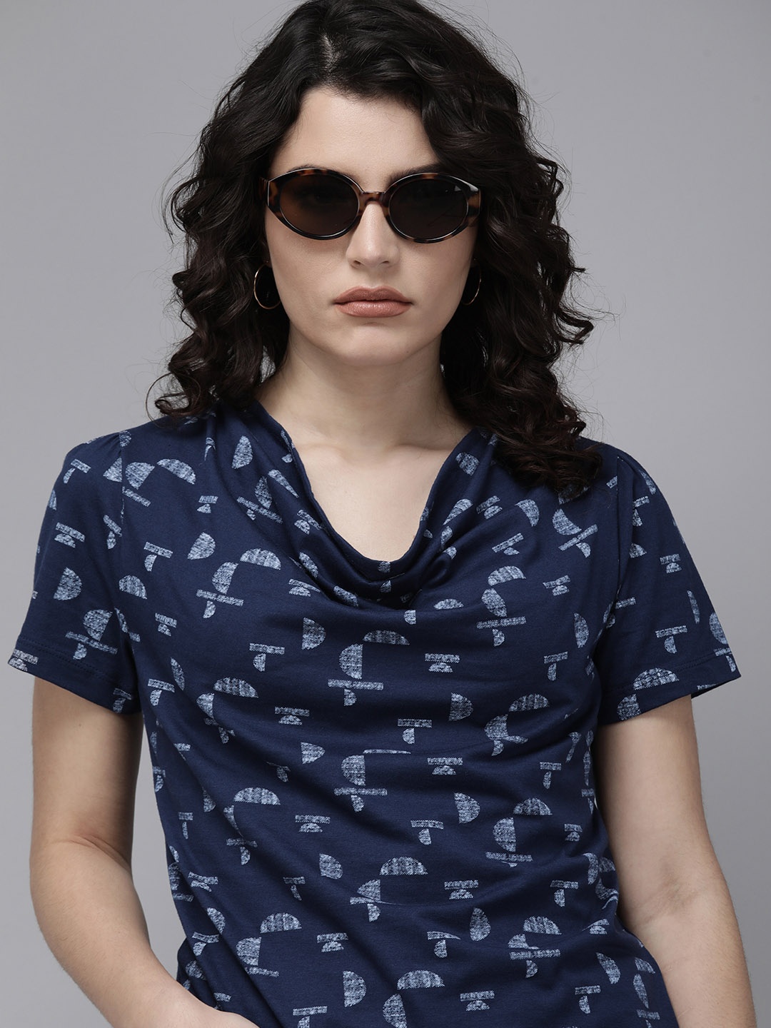 

Roadster Women Navy Blue Geometric Printed Cowl Neck Regular Top