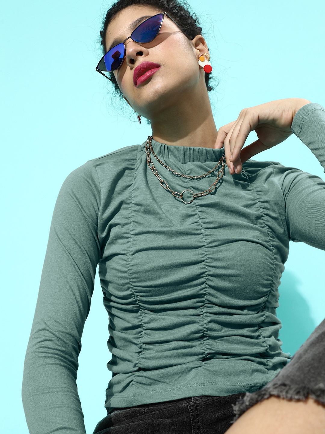 

Roadster Arctic Solid Front Ruched Top with Mock Neck, Coral