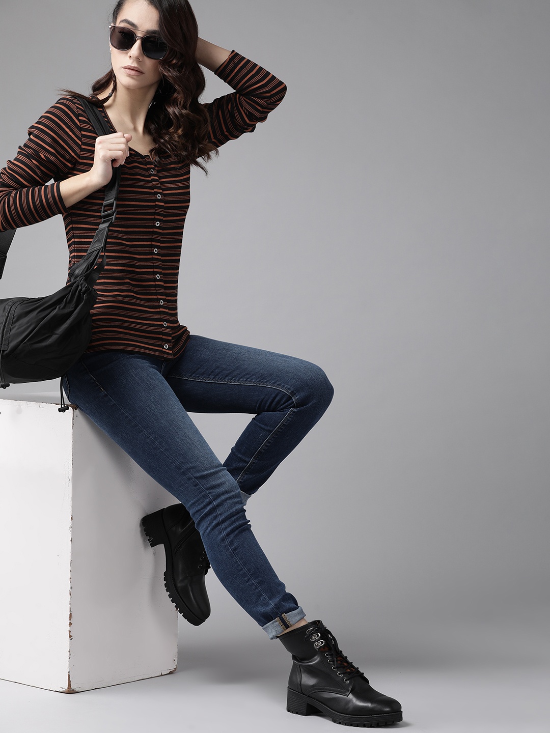

Roadster Black & Brown Striped Button Down Top