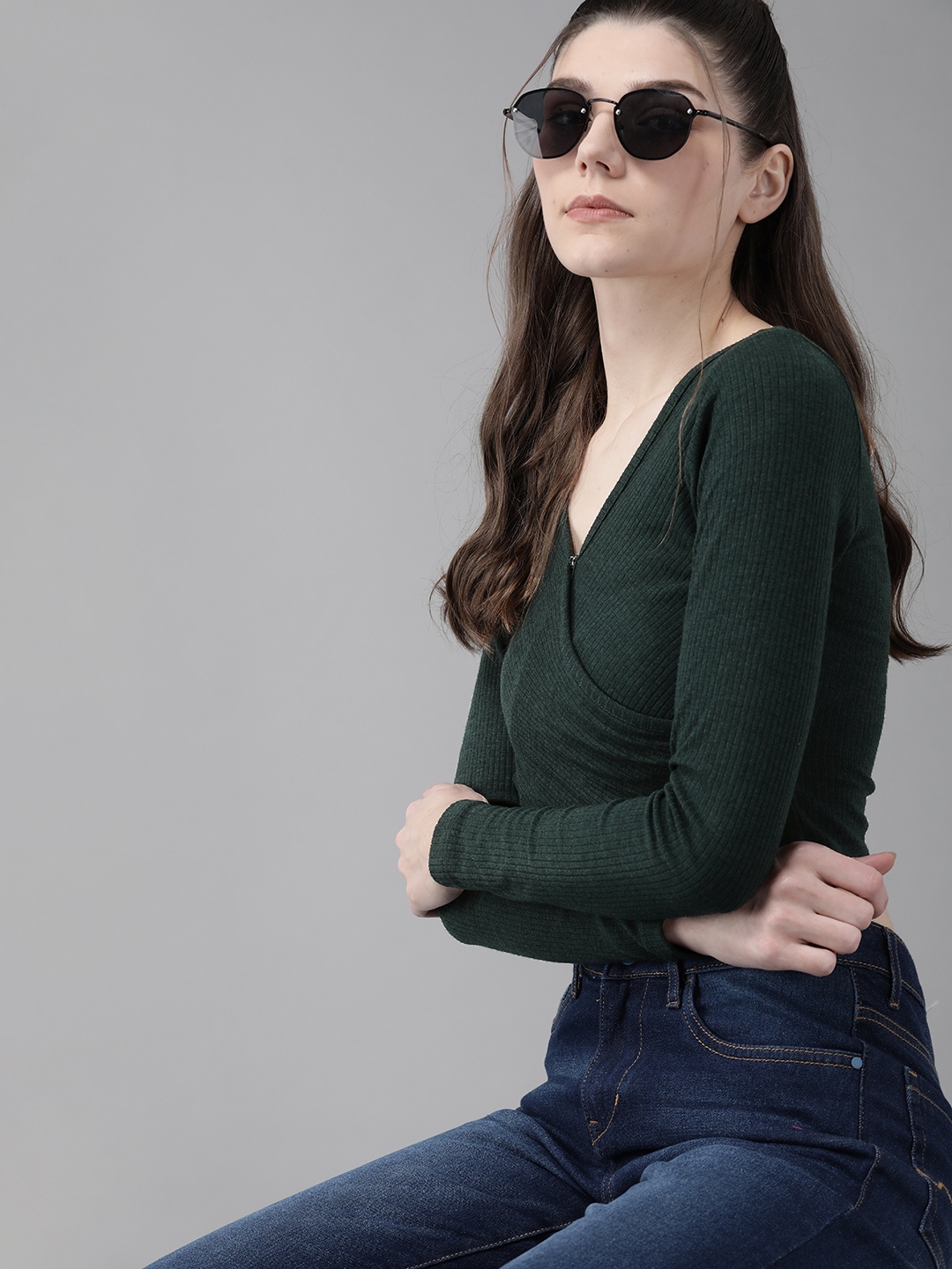 

Roadster Women Green Ribbed Wrap Crop Top