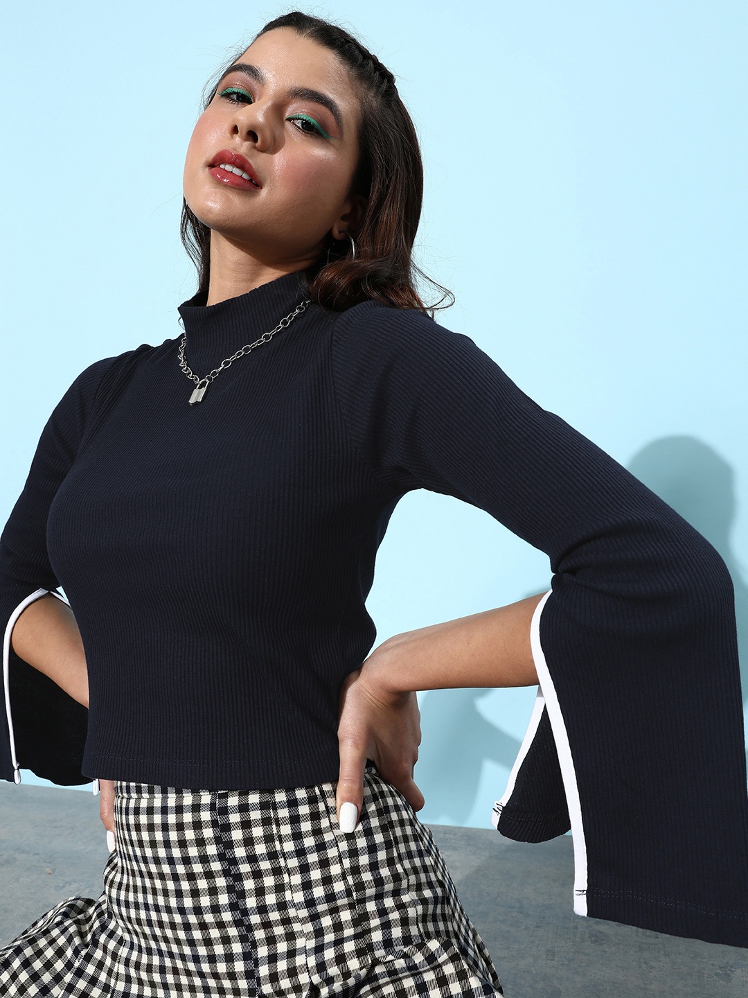 

Roadster Women Navy Blue Striped Top with Slit Sleeves