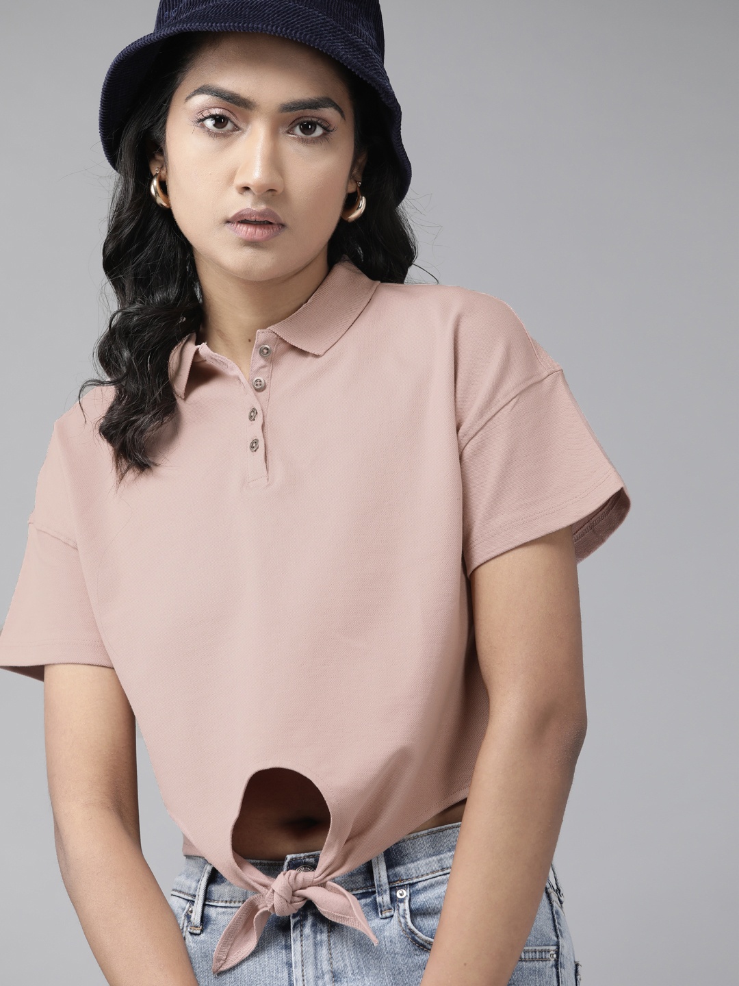 

Roadster Women Pink Solid Crop Top with Front Knot Detail