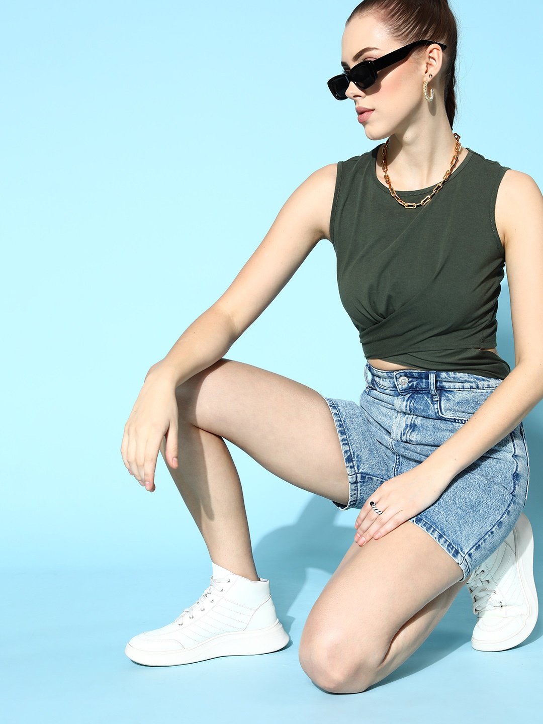 

Roadster Olive Green Crop Top with Tie Up Detail