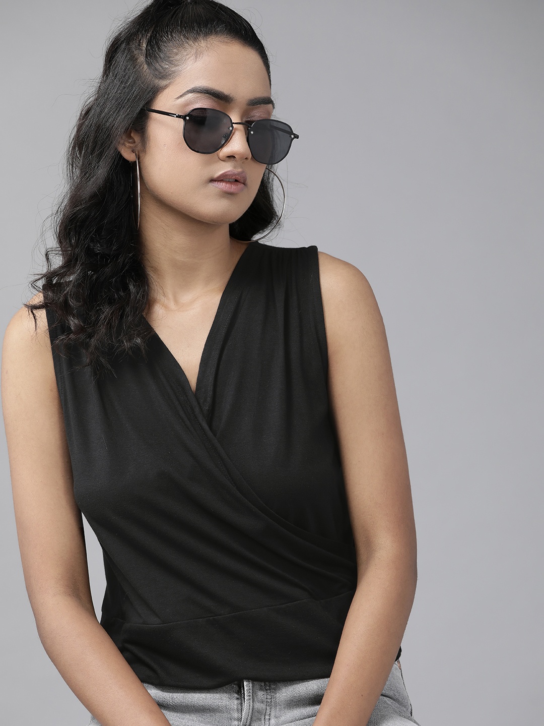 

Roadster Women Black Pure Cotton Wrap Crop Top