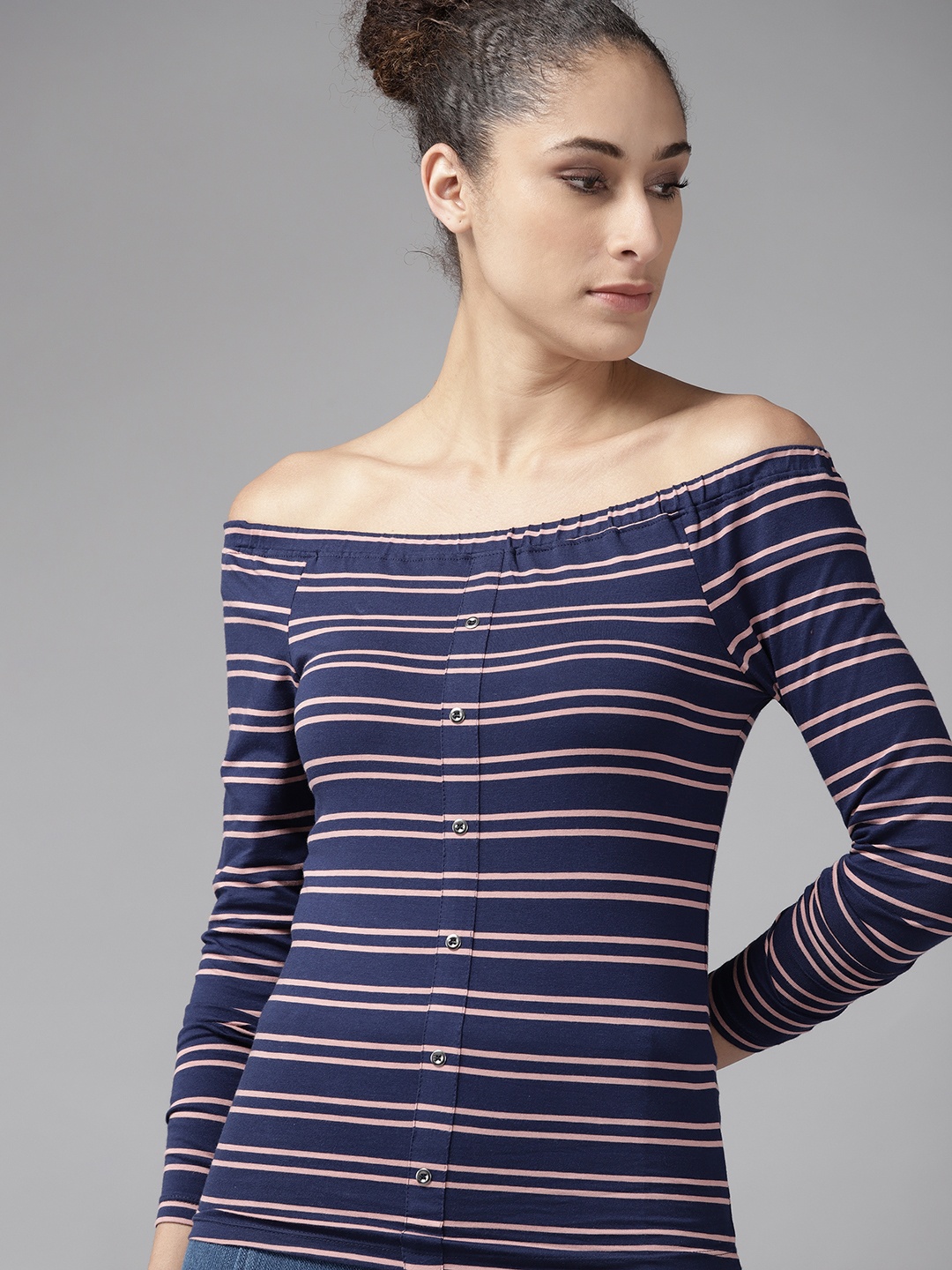 

Roadster Navy Blue & Pink Striped Off-Shoulder Bardot Top