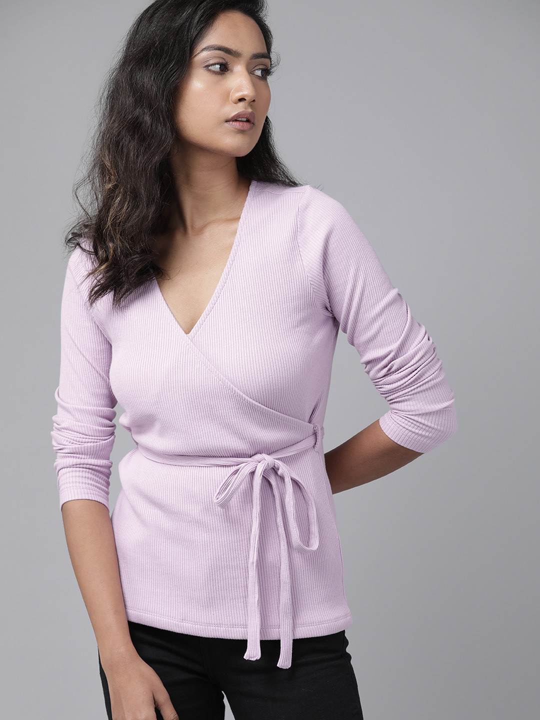 

Roadster Women Lavender Self Stripe Wrap Top with Belt
