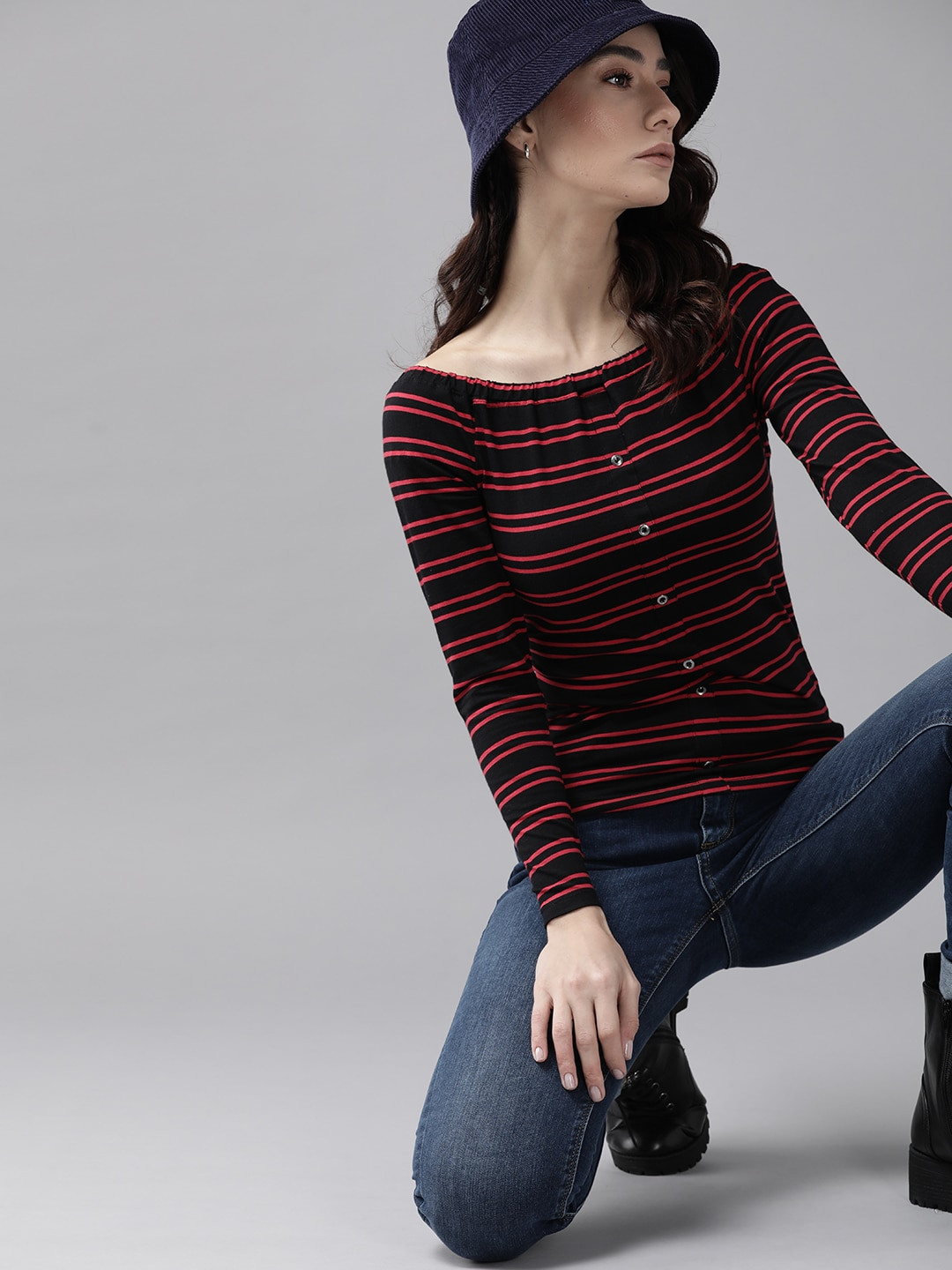 

Roadster Black & Red Striped Yarn Dyed Off-Shoulder Top