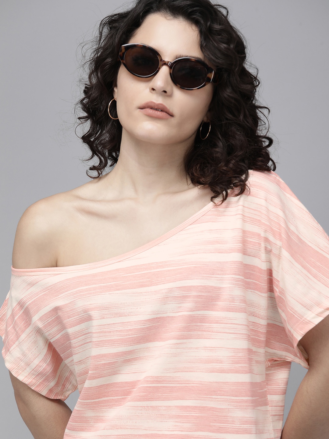 

Roadster Pink & Off White One Shoulder Extended Sleeves Boxy Crop Top