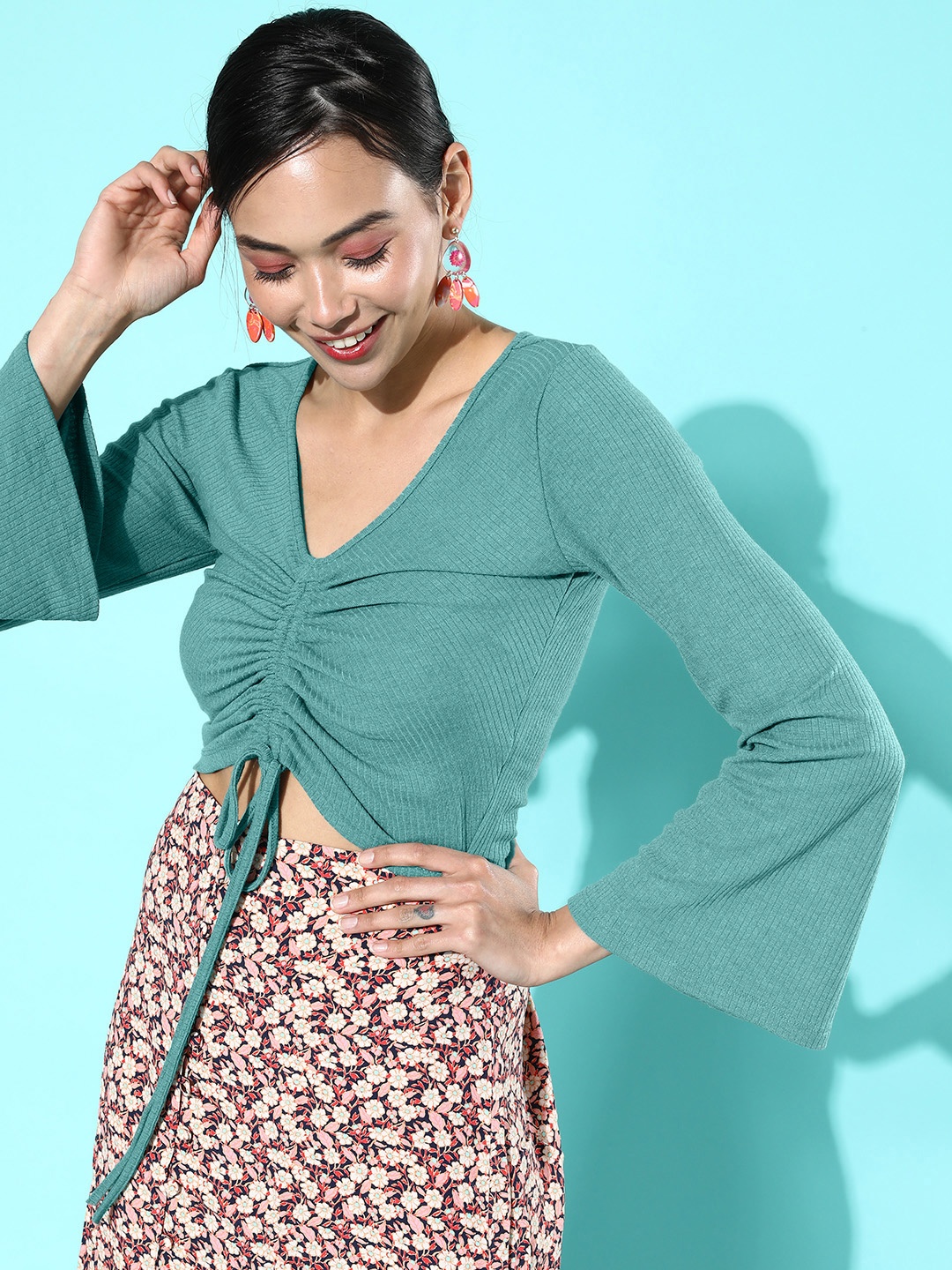 

Roadster Women Beautiful Teal Solid Ruched Top